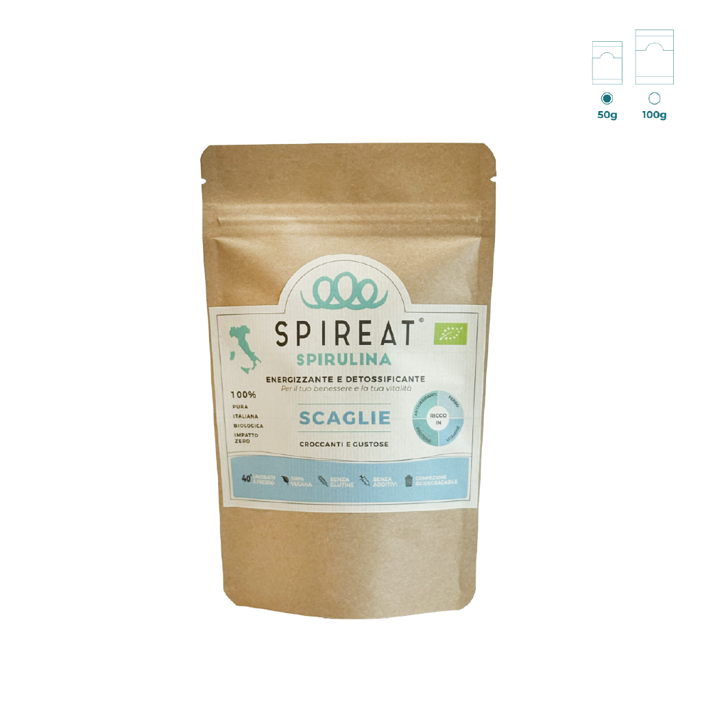 alga spirulina raw, in scaglie, italiana e biologica