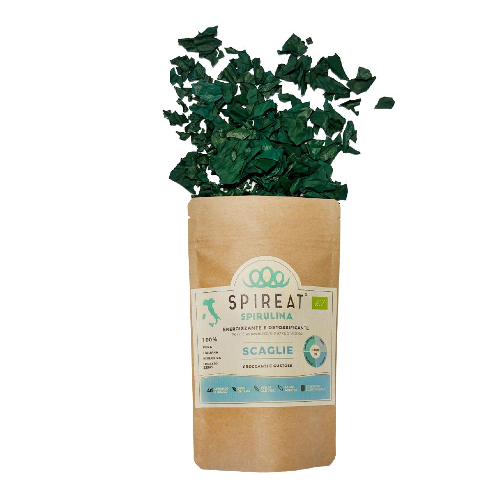 alga spirulina raw, in scaglie, italiana e biologica