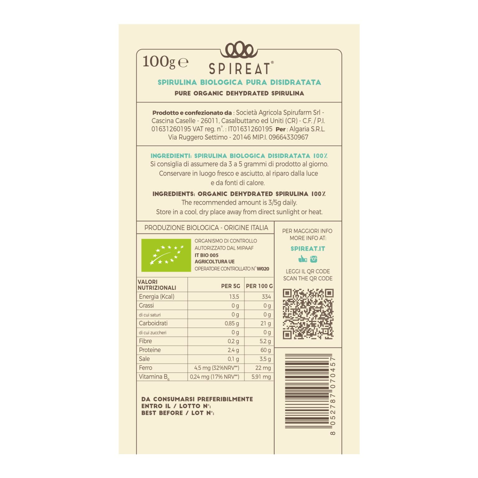 Alga Spirulina RAW, in scaglie, Italiana e Biologica Spireat