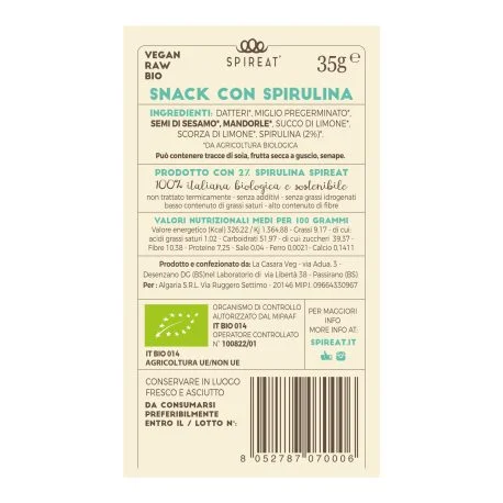 6 snack con limone e spirulina formato barretta, lavorate a freddo e completamente vegetali, prodotto bio e italiano